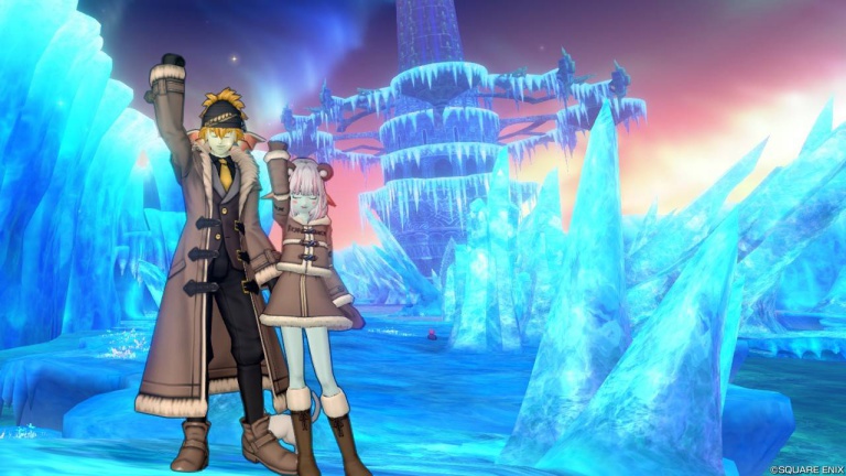 氷晶の聖塔を背景にフレンドさんと一緒に撮影