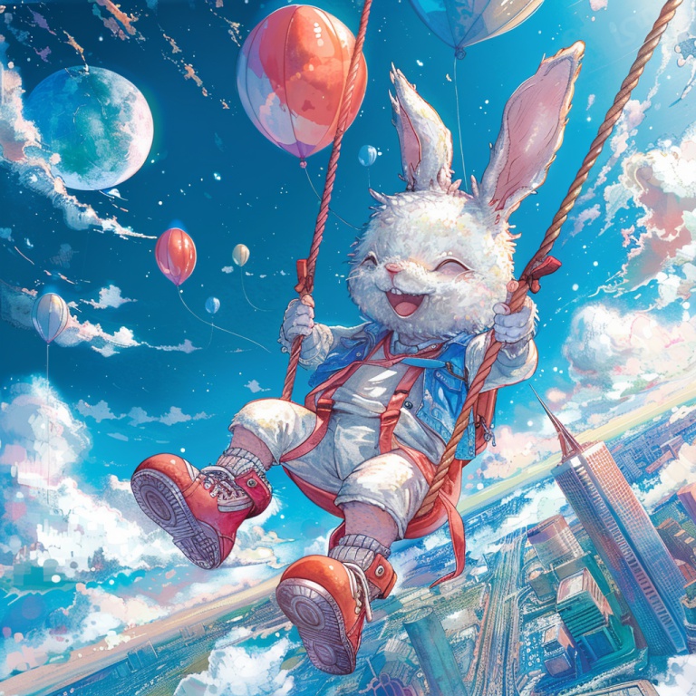 ウサギが風船のブランコに乗って空中を飛んでいる画像。ミッドジャーニーで作成。